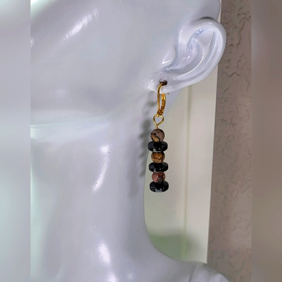 ARTISAN Stone and Black Beaded Statement Dangle Earrings / Pierced - Picture 2 of 5